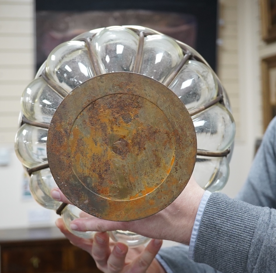 A wrought iron and clear glass pedestal bowl, 26.5cm tall. Condition - would benefit from a clean, otherwise good